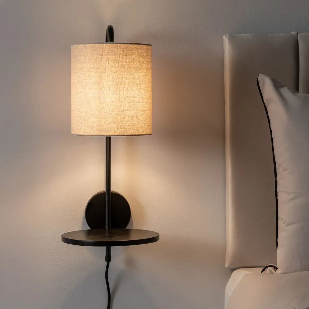 Ryan LED Wall Light with Shelf - Black, Natural Linen