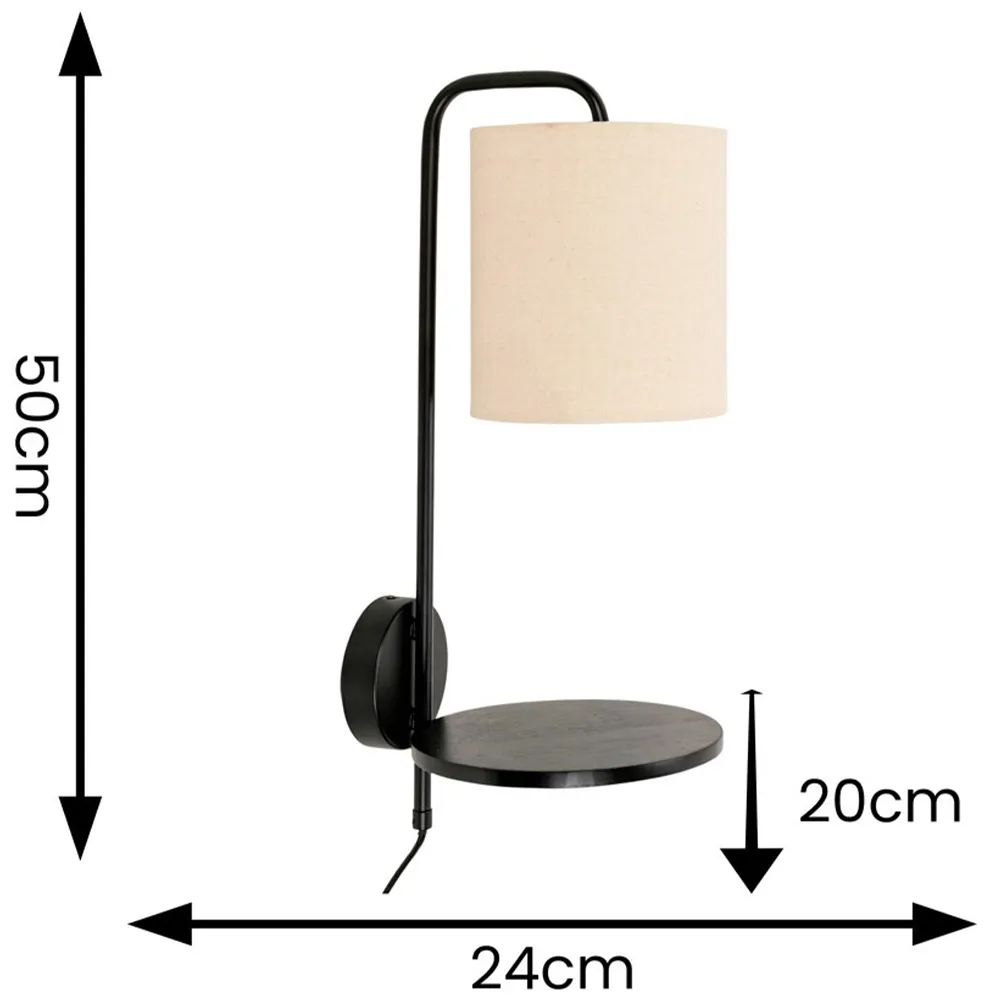 Ryan LED Wall Light with Shelf - Black, Natural Linen
