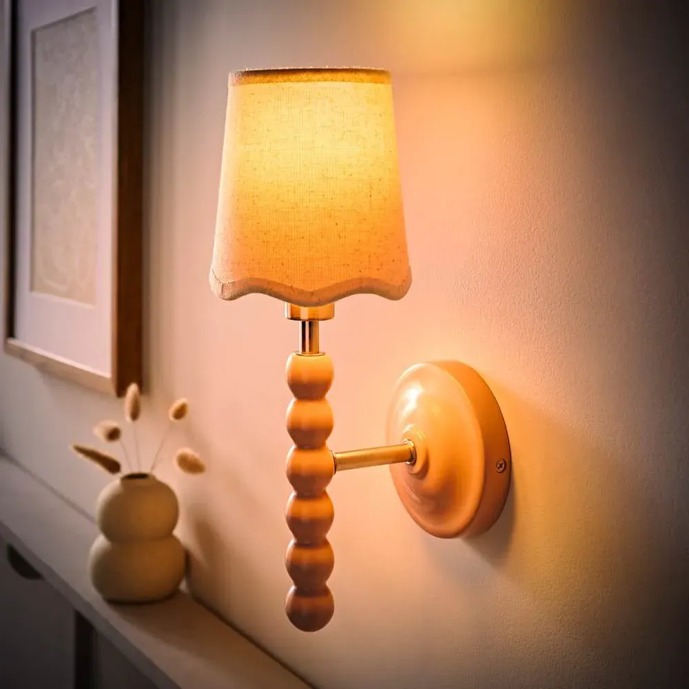 Scallop Shade Bobbin LED Wall Light with Bulb - Pink, Wood