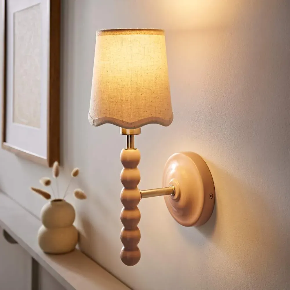 Scallop Shade Bobbin LED Wall Light with Bulb - Pink, Wood