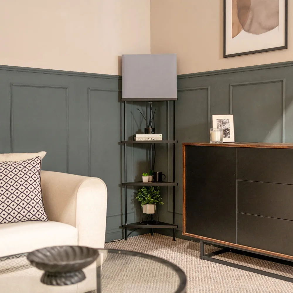 Taska Corner Floor Lamp with 3 Shelves - Black, Wood