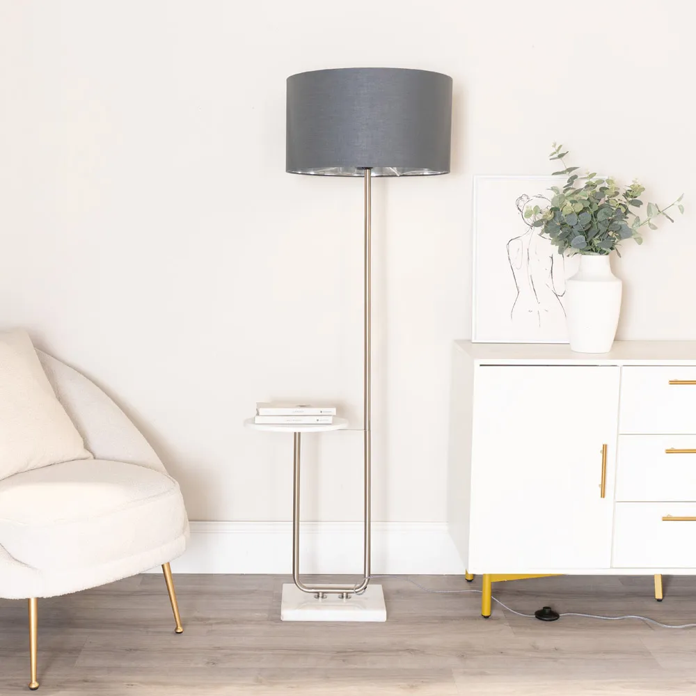 Tavel LED Floor Lamp with Table - Chrome, Fabric