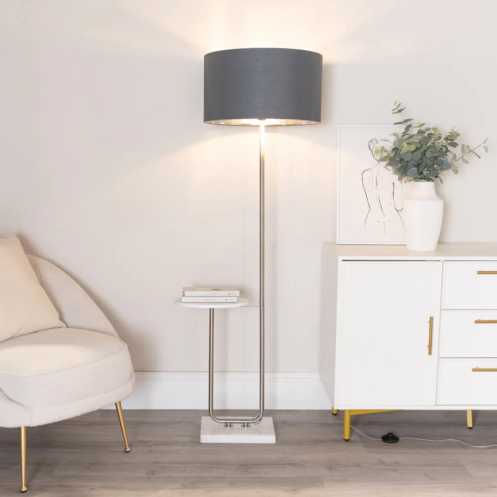 Tavel LED Floor Lamp with Table - Chrome, Fabric