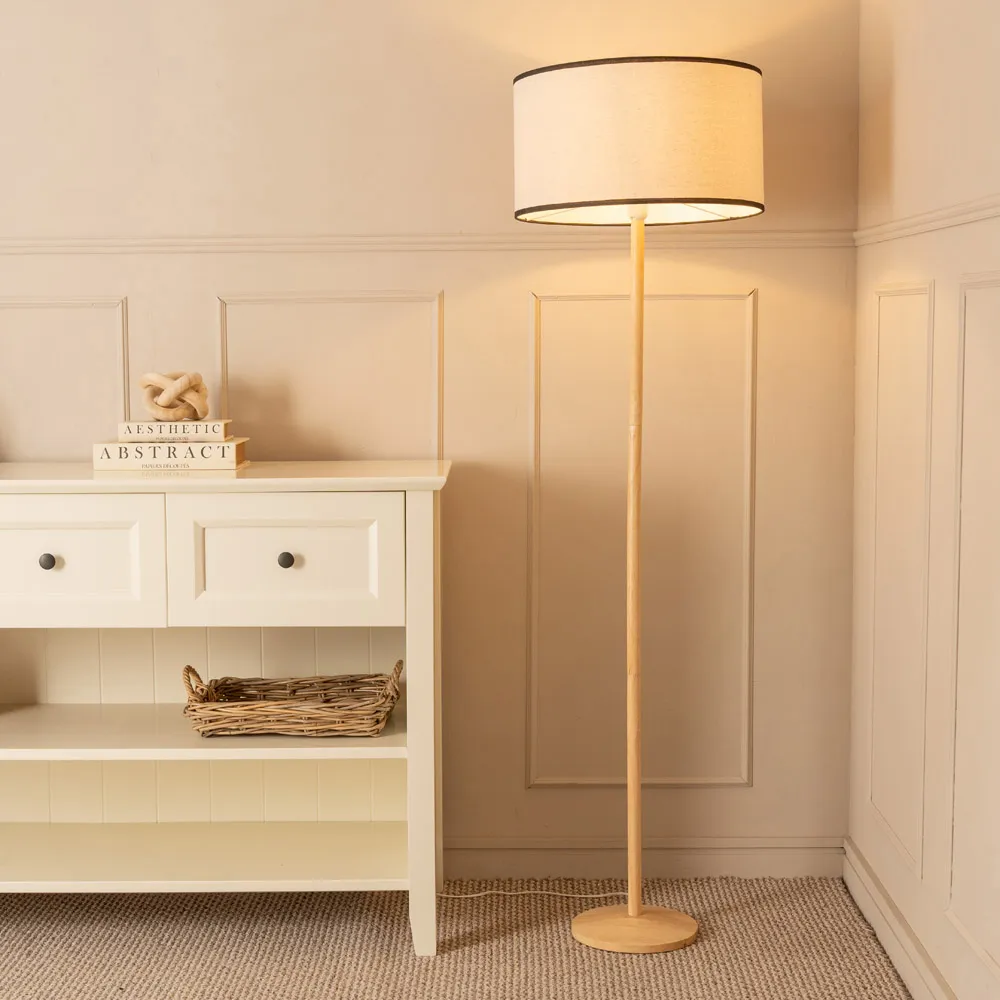 Triston Drum Shade Floor Lamp with Black Edge - Light Wood