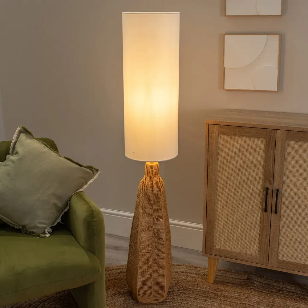 Una Tall Floor Lamp with Rattan Shade - Cream