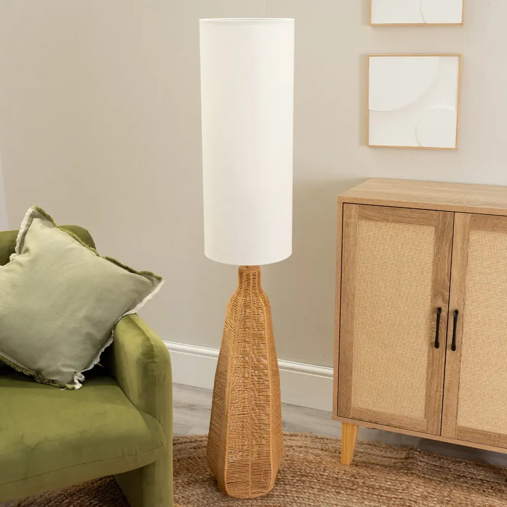 Una Tall Floor Lamp with Rattan Shade - Cream