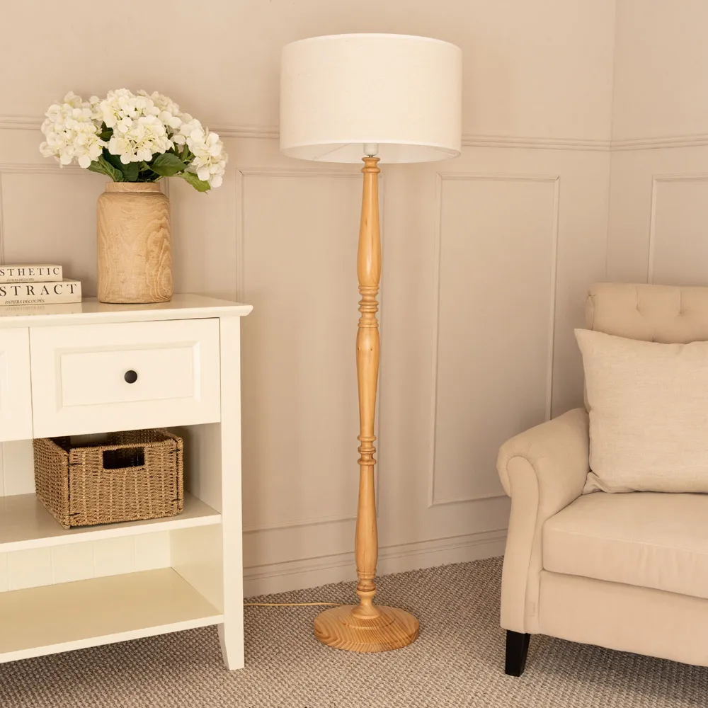 Victoria Drum Shade Candlestick LED Floor Lamp - Cream, Wood