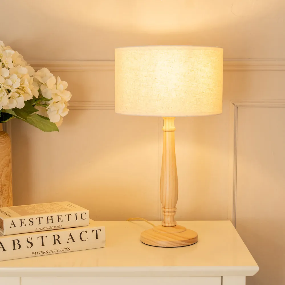 Victoria Drum Shade Candlestick LED Table Lamp - Cream, Wood