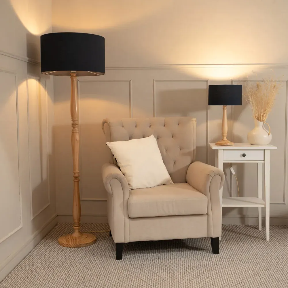 Victoria Drum Shade Floor Lamp - Cream, Wood