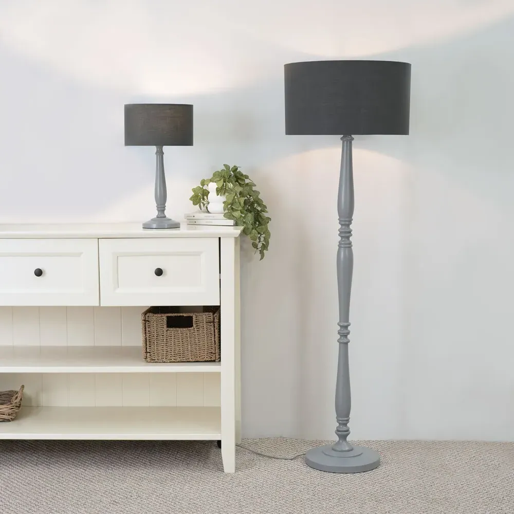 Victoria Drum Shade Floor Lamp - Grey, Wood