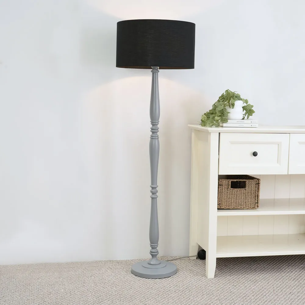 Victoria Drum Shade Floor Lamp - Grey Wood, Black Fabric