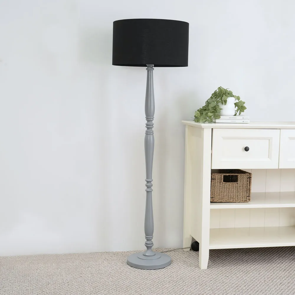 Victoria Drum Shade Floor Lamp - Grey Wood, Black Fabric