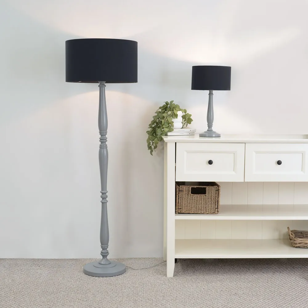 Victoria Drum Shade Floor Lamp - Grey Wood, Black Fabric