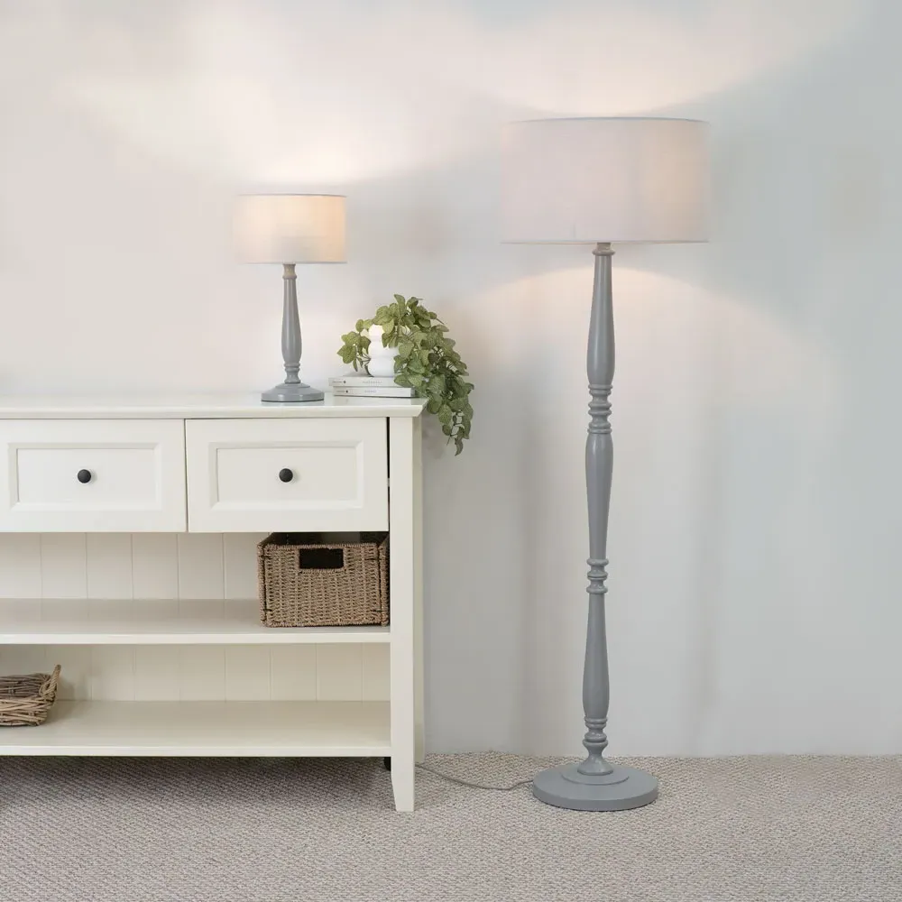 Victoria Drum Shade Floor Lamp - Grey, Wood
