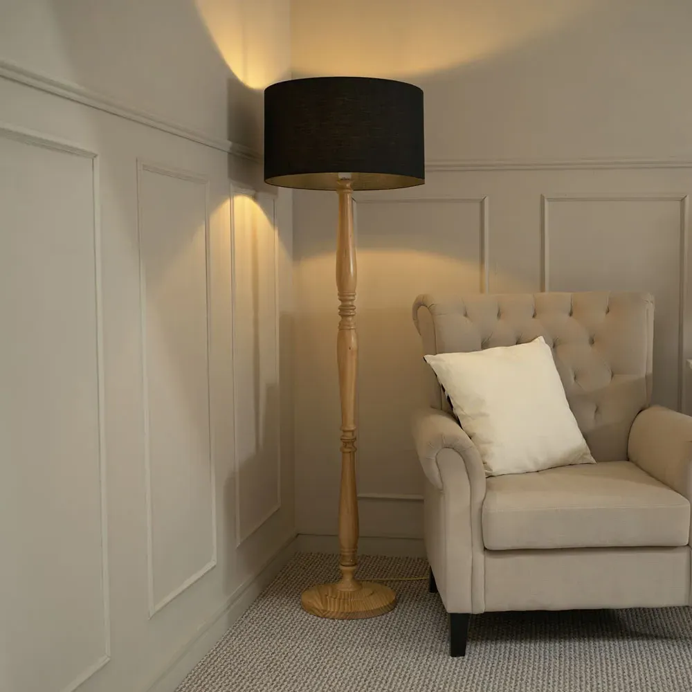 Victoria Drum Shade Floor Lamp - Light Wood, Black Fabric