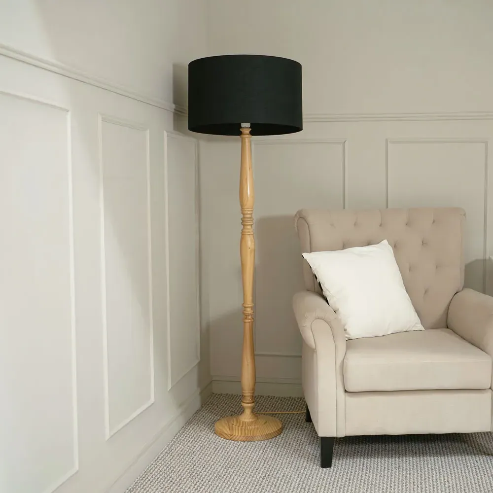Victoria Drum Shade Floor Lamp - Light Wood, Black Fabric
