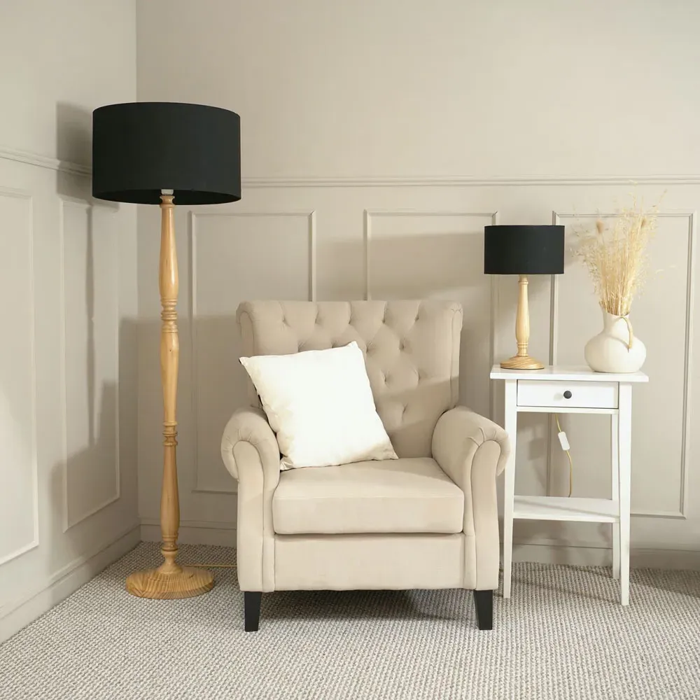 Victoria Drum Shade Floor Lamp - Light Wood, Black Fabric