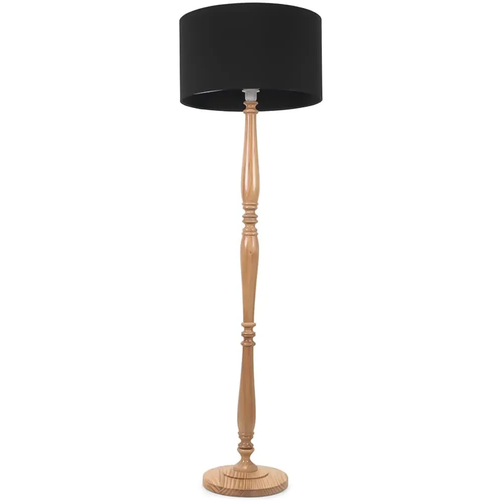 Victoria Drum Shade Floor Lamp - Light Wood, Black Fabric