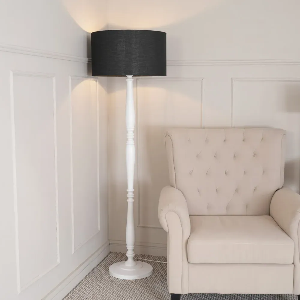 Victoria Drum Shade Floor Lamp - White Wood, Black Fabric