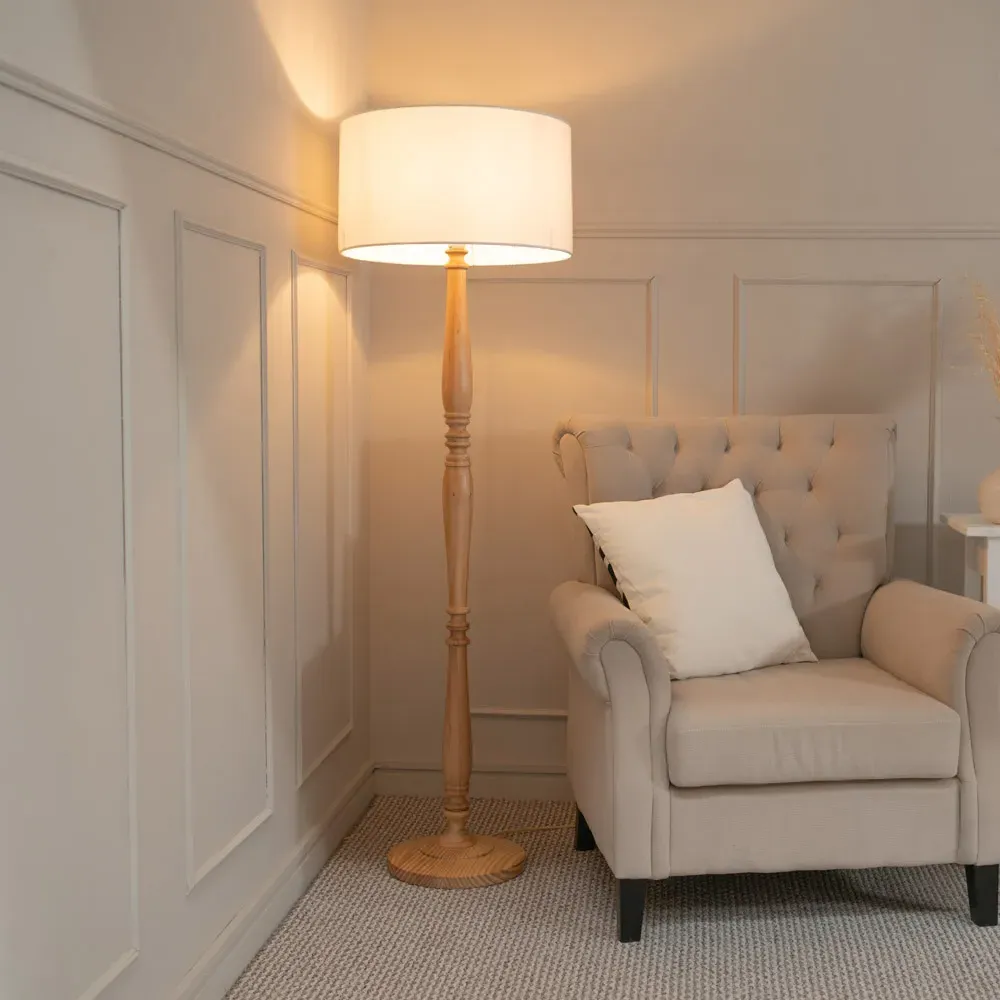 Victoria Drum Shade LED Floor Lamp - Cream, Wood