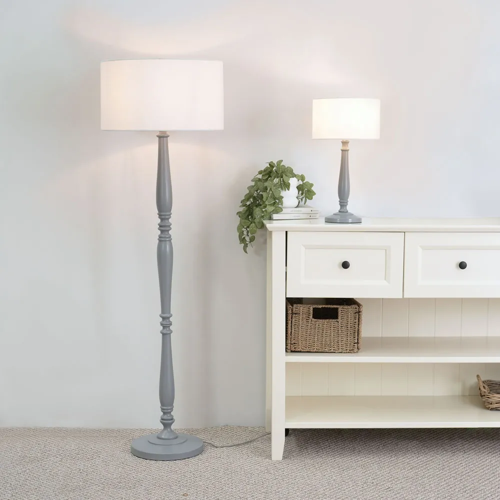Victoria Drum Shade LED Floor Lamp - Grey, Wood