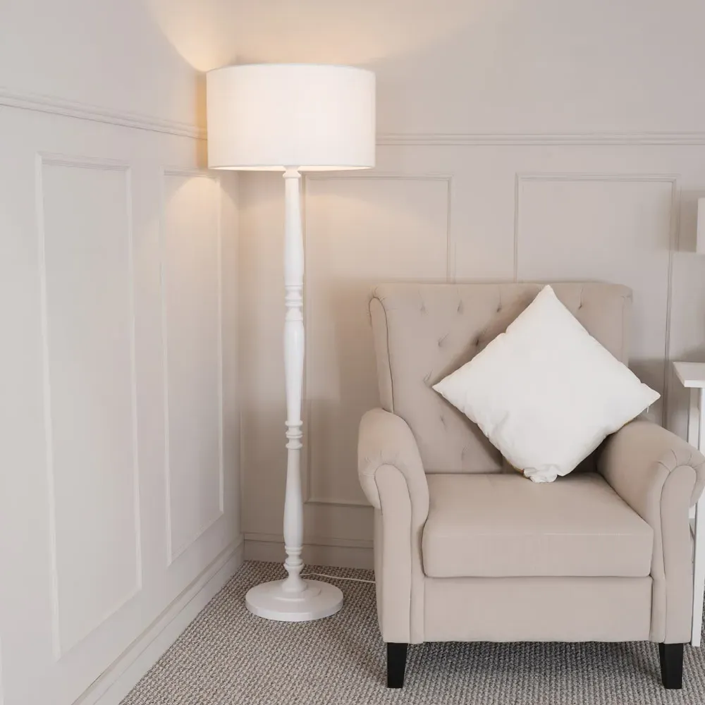 Victoria Drum Shade LED Floor Lamp - White, Wood