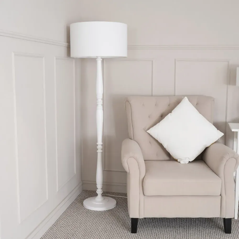 Victoria Drum Shade LED Floor Lamp - White, Wood