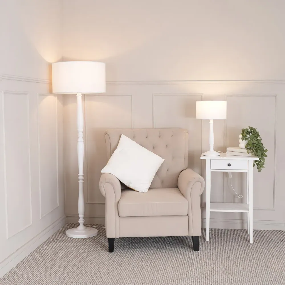 Victoria Drum Shade LED Floor Lamp - White, Wood