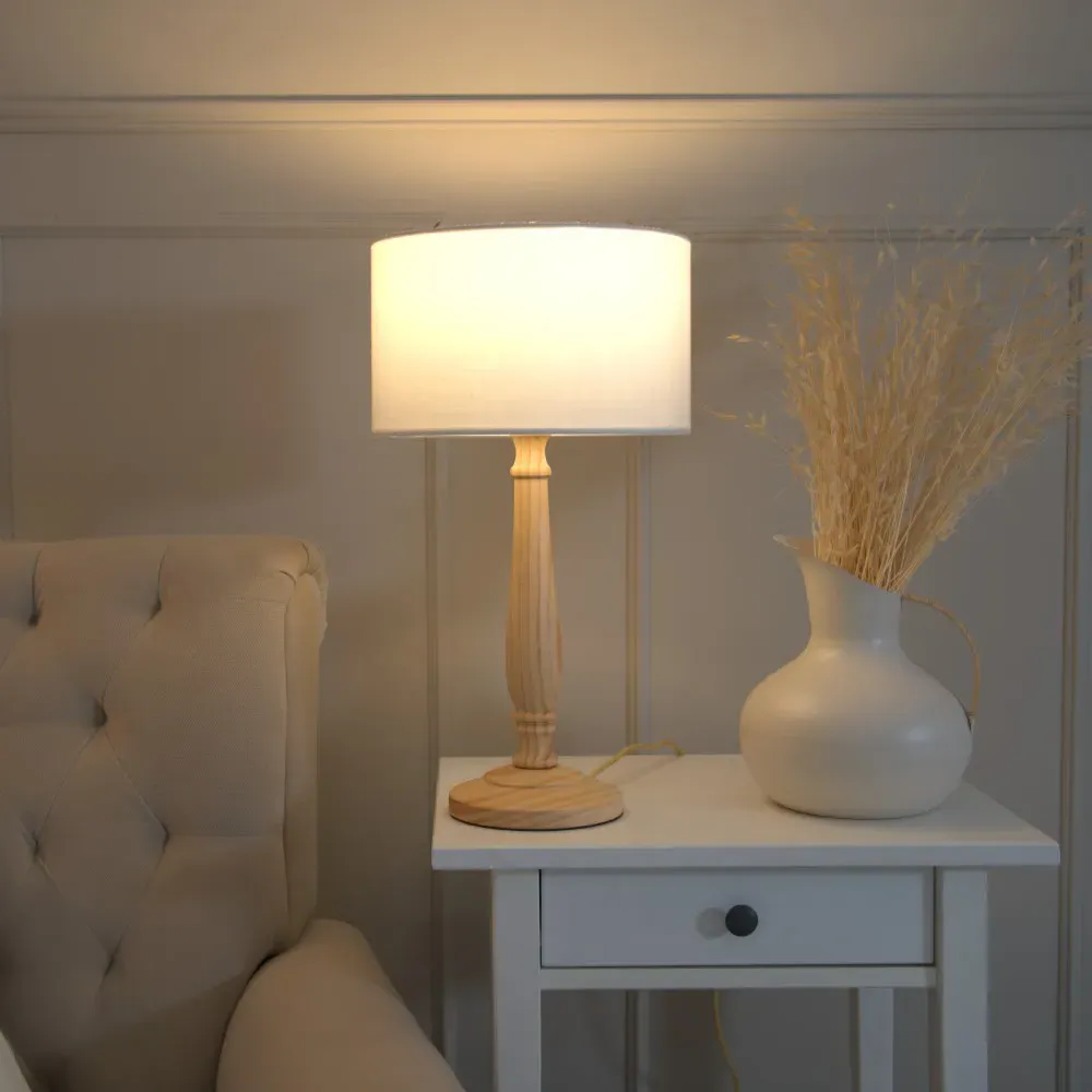 Victoria Drum Shade LED Table Lamp - Cream, Wood