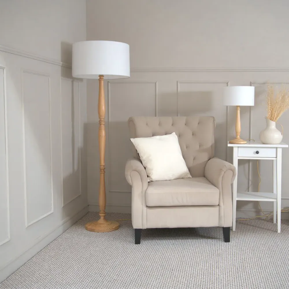 Victoria Drum Shade LED Table Lamp - Cream, Wood