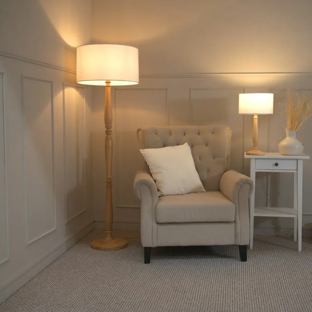 Victoria Drum Shade LED Table Lamp - Cream, Wood