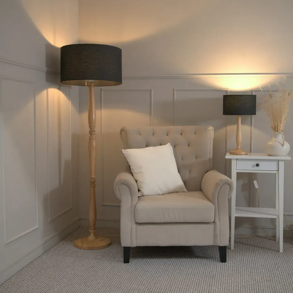 Victoria Drum Shade Table Lamp - Cream, Wood