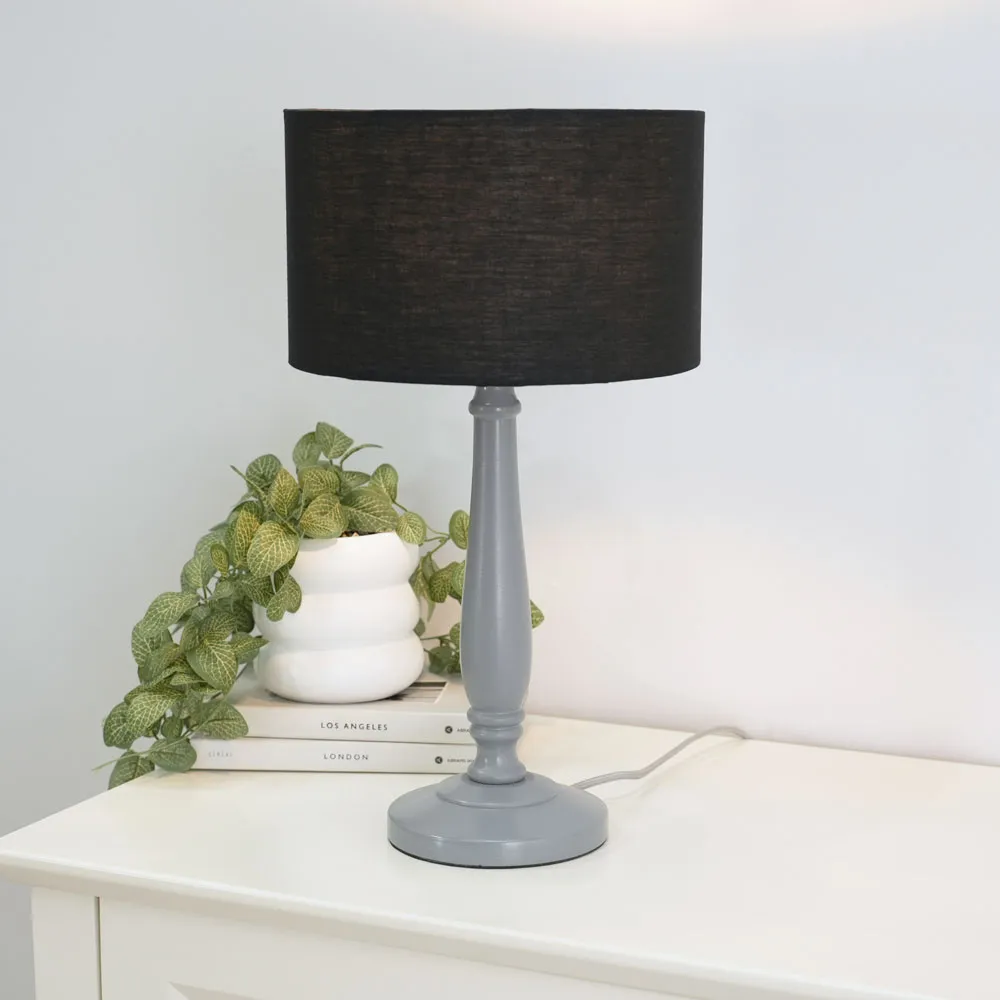 Victoria Drum Shade Table Lamp - Grey Wood, Black Fabric