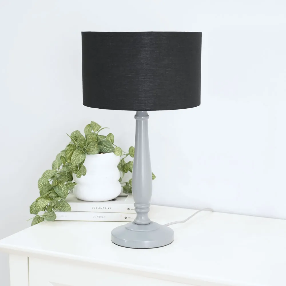 Victoria Drum Shade Table Lamp - Grey Wood, Black Fabric