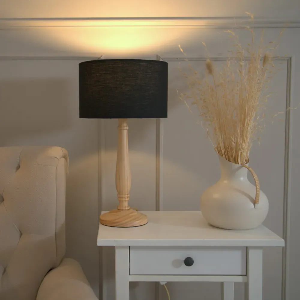 Victoria Drum Shade Table Lamp - Light Wood, Black Fabric
