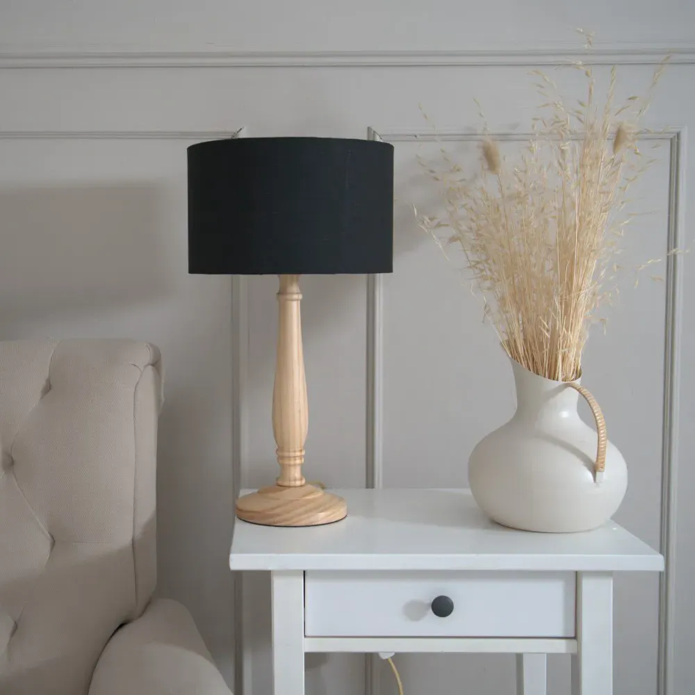 Victoria Drum Shade Table Lamp - Light Wood, Black Fabric