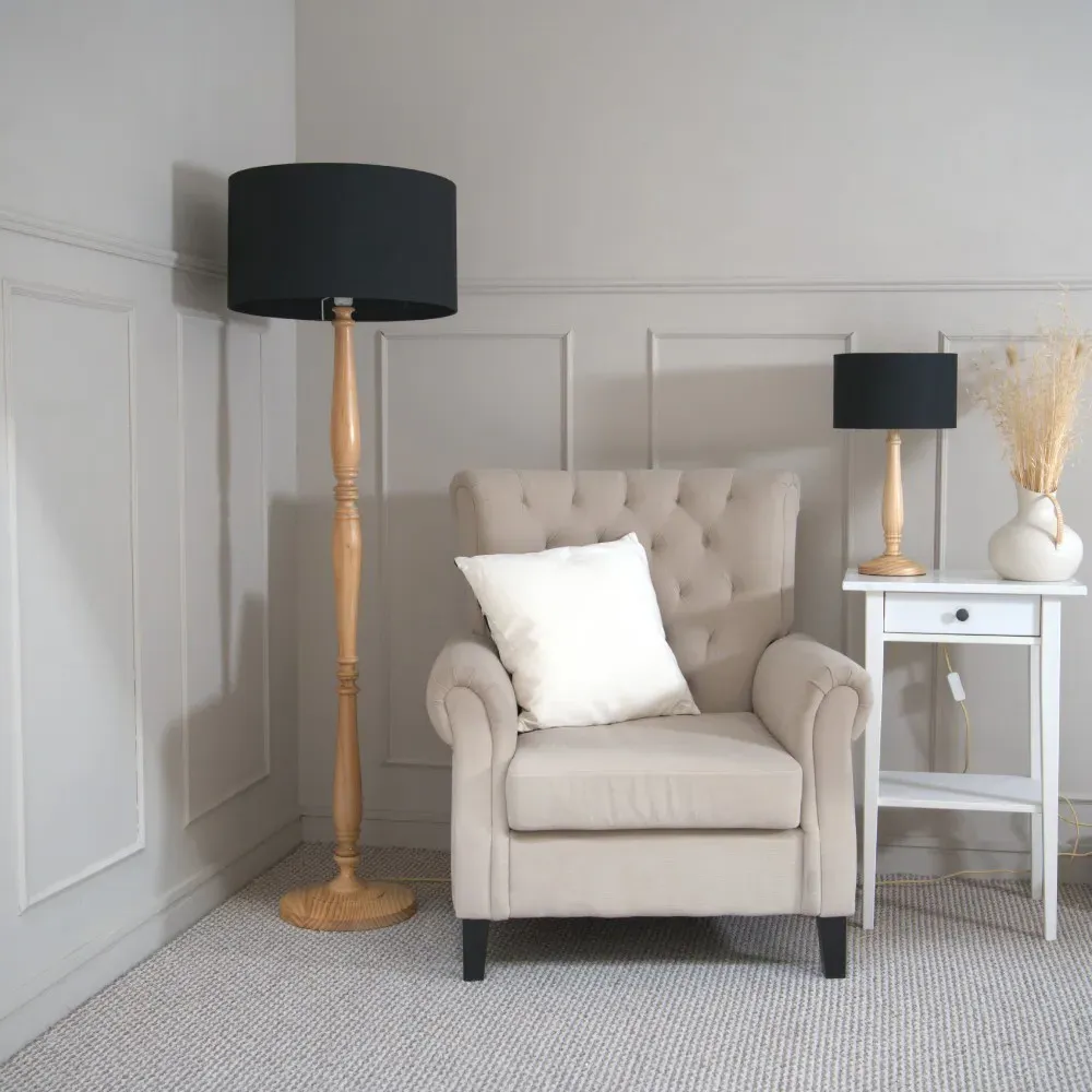 Victoria Drum Shade Table Lamp - Light Wood, Black Fabric