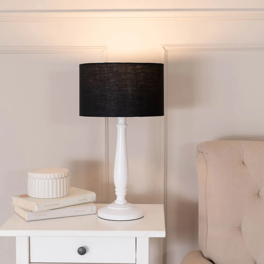 Victoria Drum Shade Table Lamp - White Wood, Black Fabric