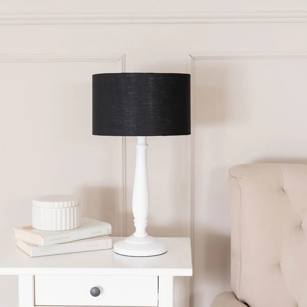 Victoria Drum Shade Table Lamp - White Wood, Black Fabric