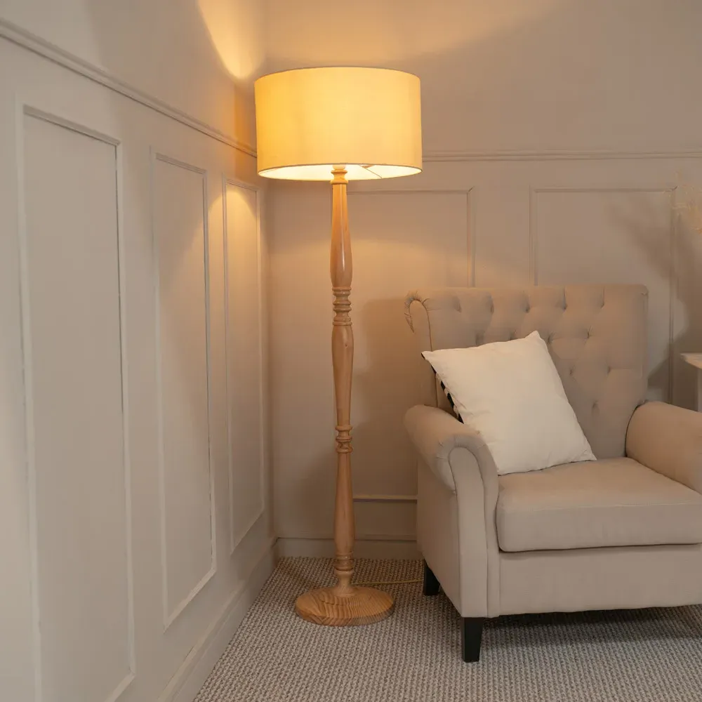 Victoria Floor Lamp with Drum Shade - Cream, Wood