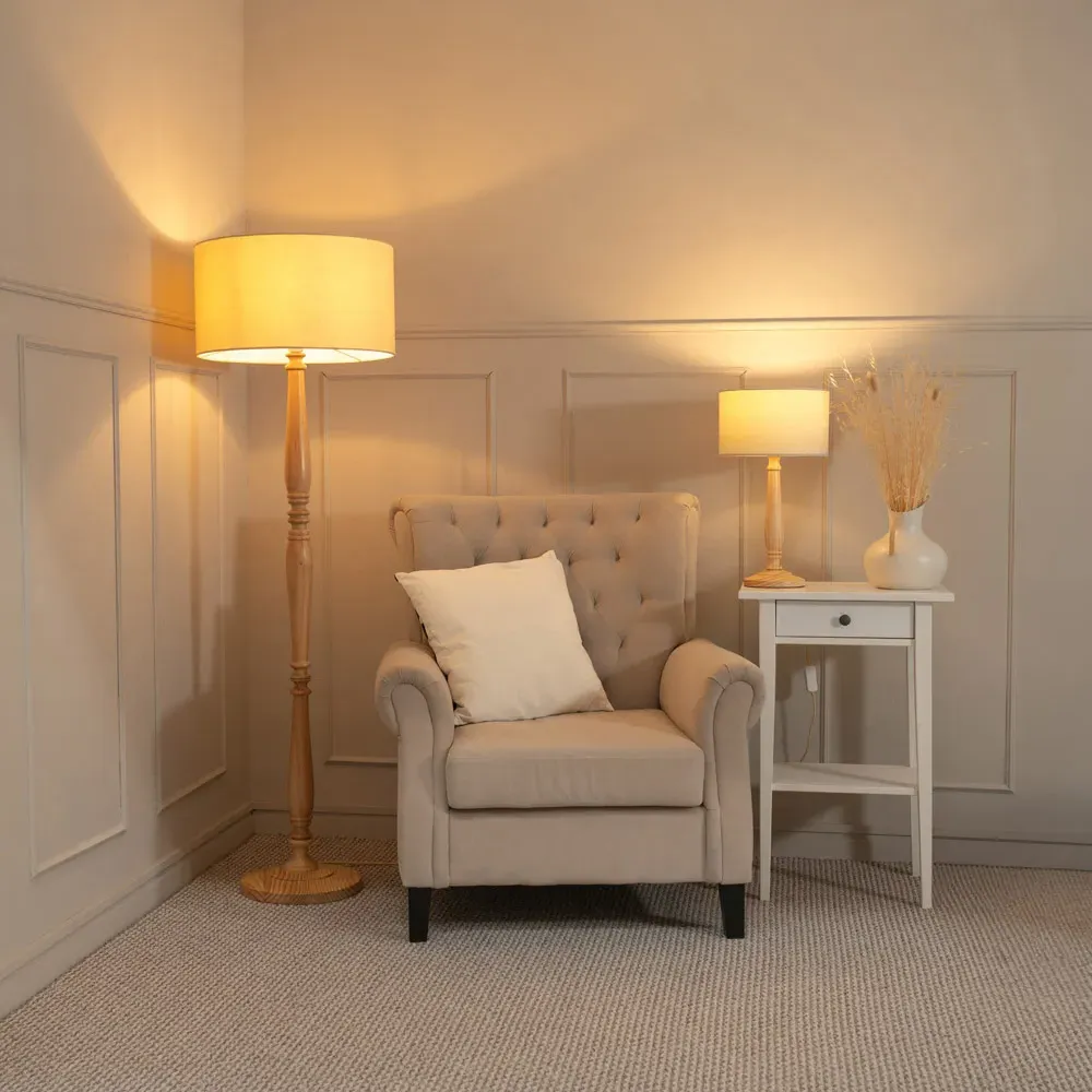 Victoria Floor Lamp with Drum Shade - Cream, Wood