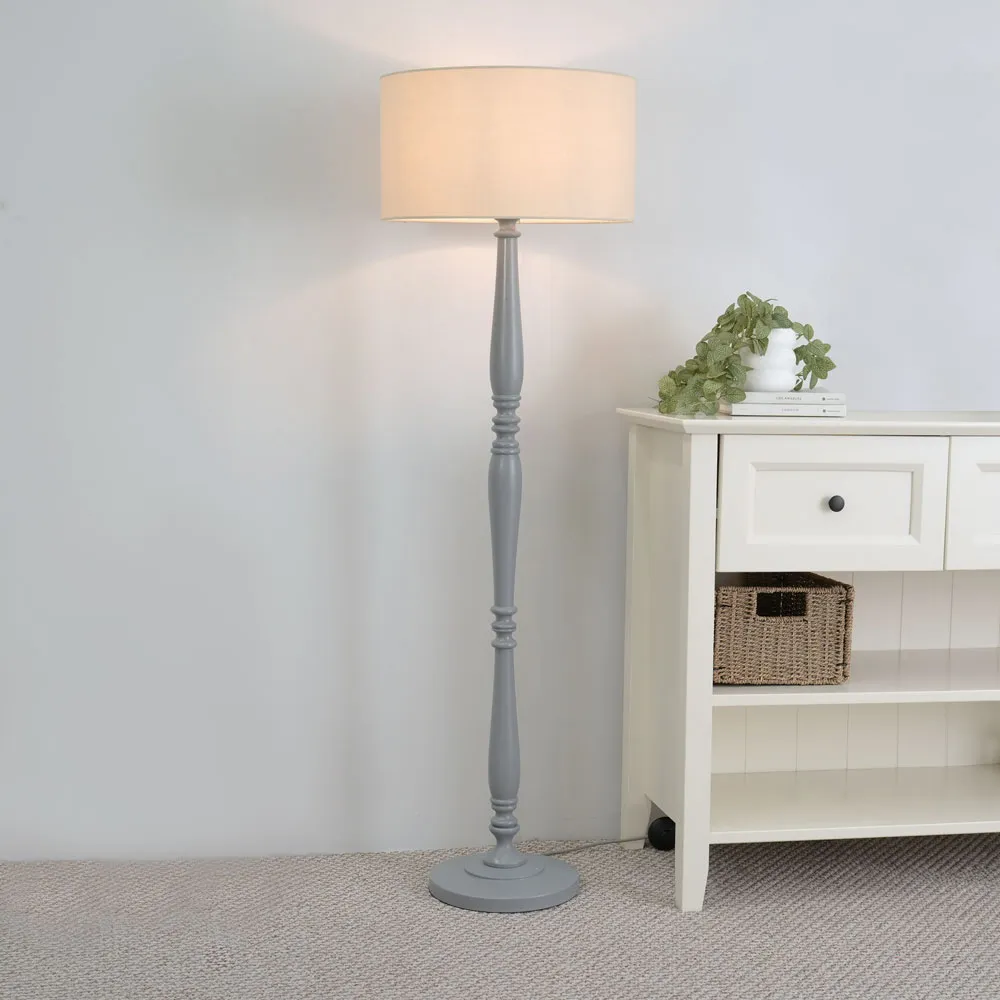 Victoria Floor Lamp with Drum Shade - Grey, Wood