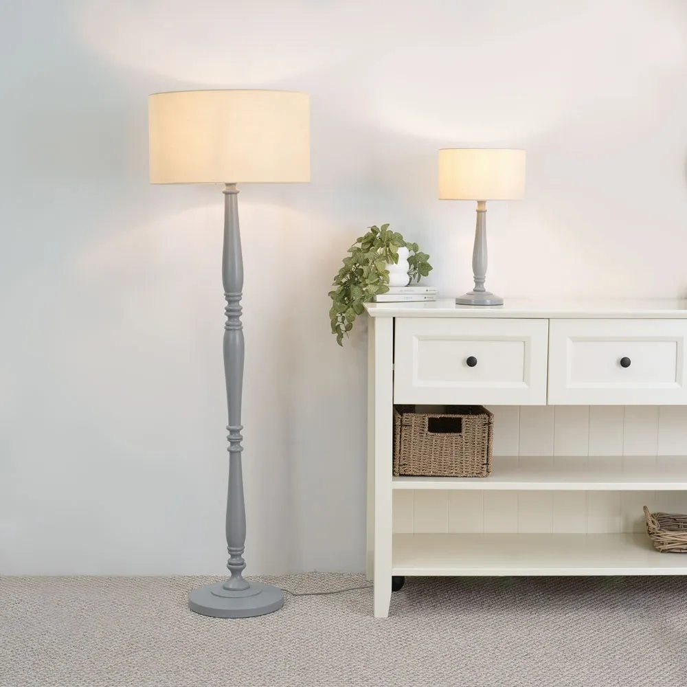 Victoria Floor Lamp with Drum Shade - Grey, Wood