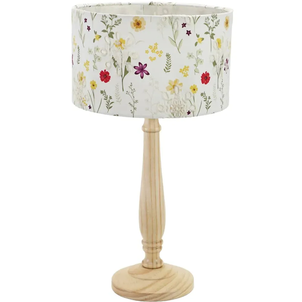 Victoria Floral Embroidered Candlestick LED Table Lamp - Cream, Wood
