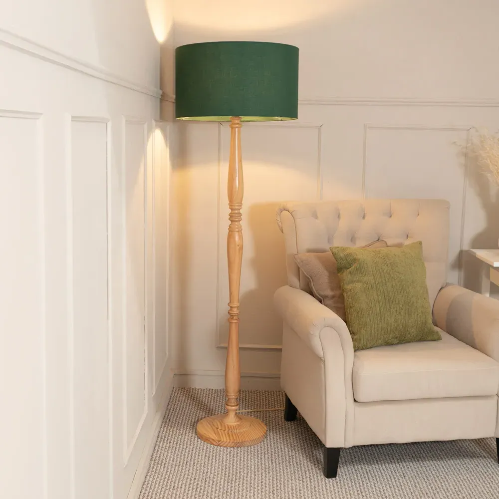 Victoria LED Floor Lamp with Drum Shade - Green, Wood