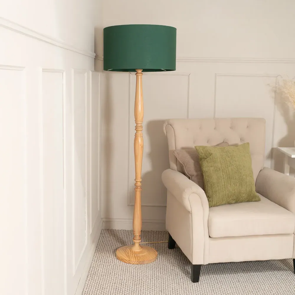Victoria LED Floor Lamp with Drum Shade - Green, Wood