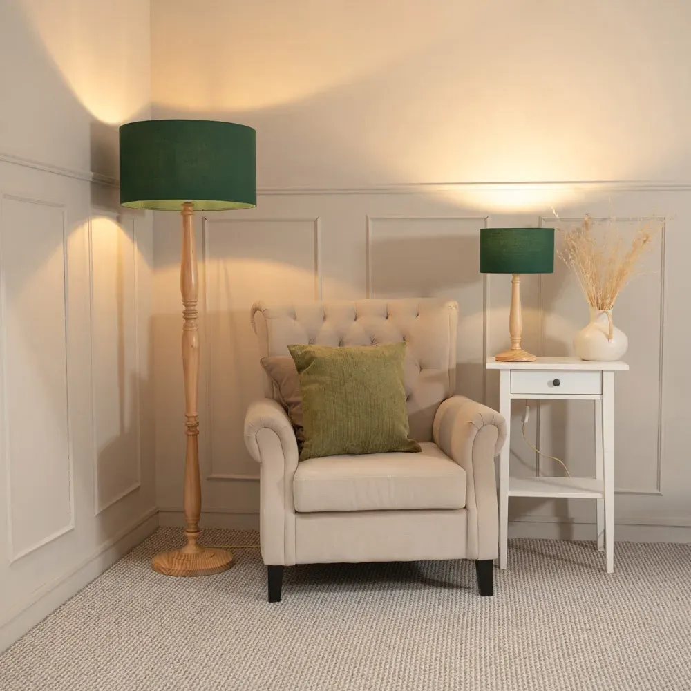 Victoria LED Floor Lamp with Drum Shade - Green, Wood
