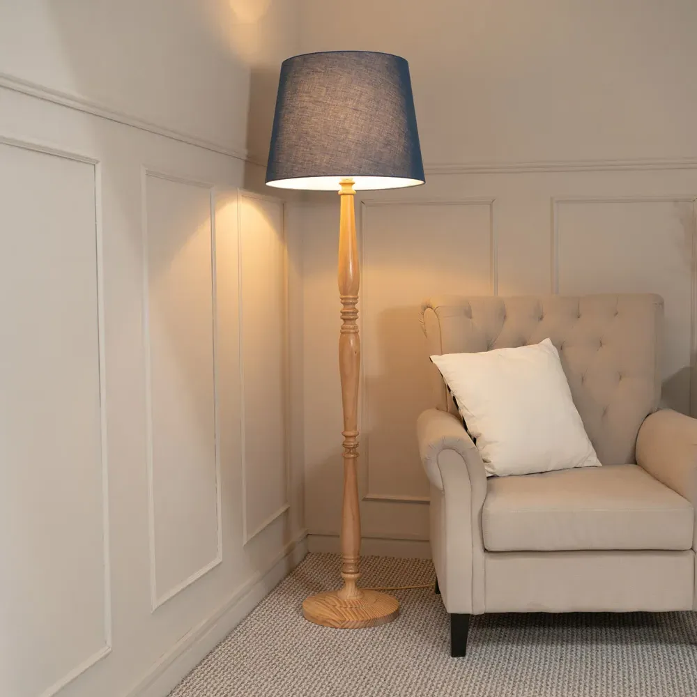 Victoria LED Floor Lamp with Tapered Shade - Navy, Wood