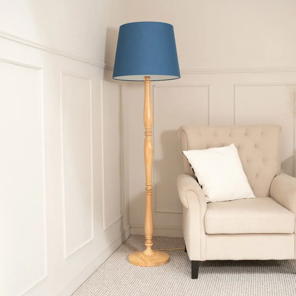 Victoria LED Floor Lamp with Tapered Shade - Navy, Wood