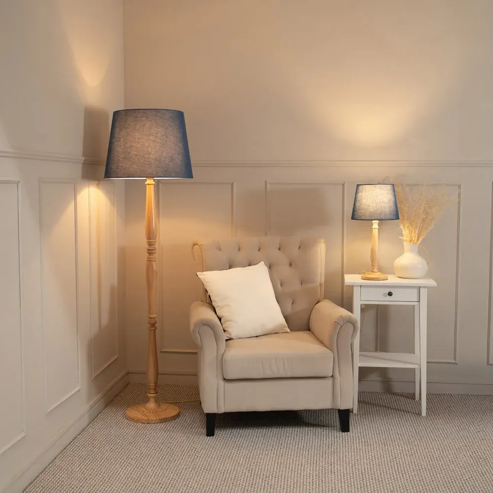 Victoria LED Floor Lamp with Tapered Shade - Navy, Wood